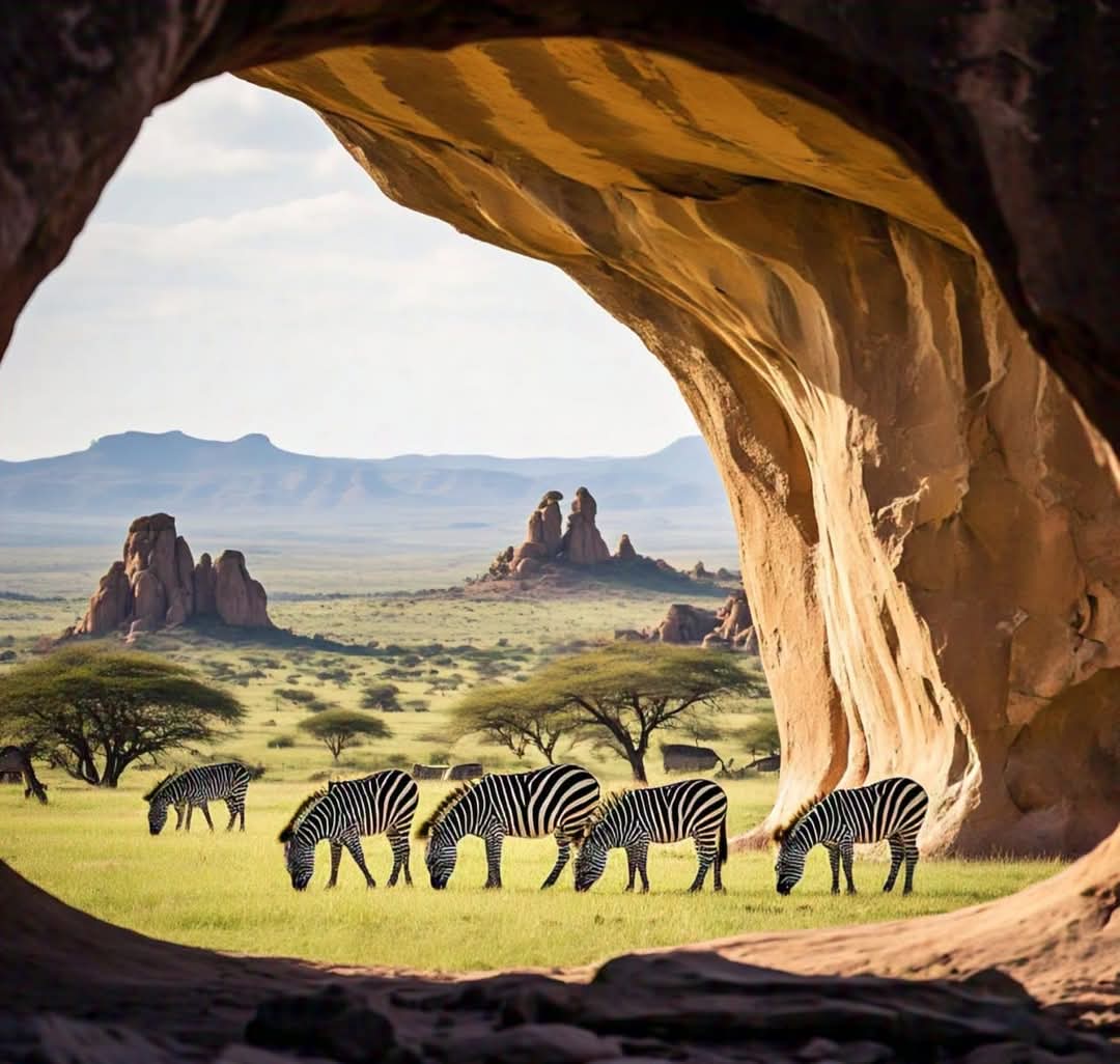 Zebras grazing in a savanna viewed from a cave